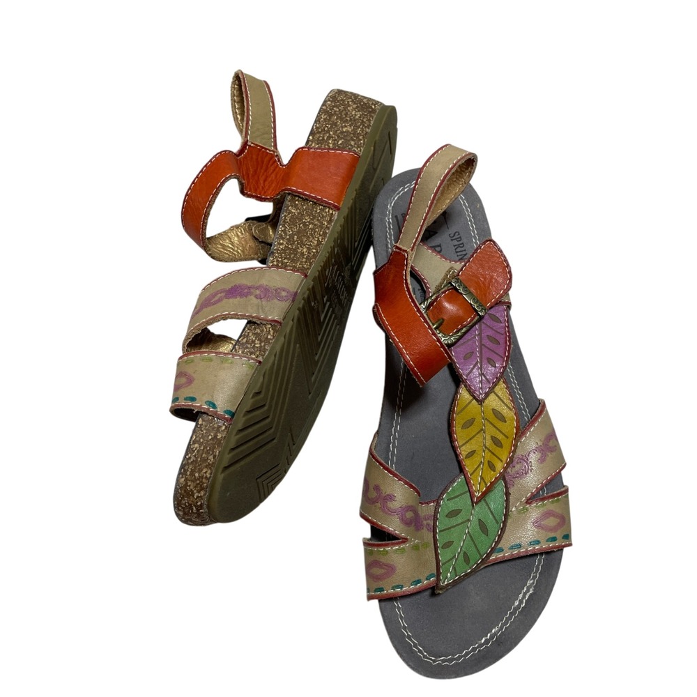 L'Artiste 38 7.5 Spring Step Hand Painted Leather Leaf Sandals Wedge Comfort